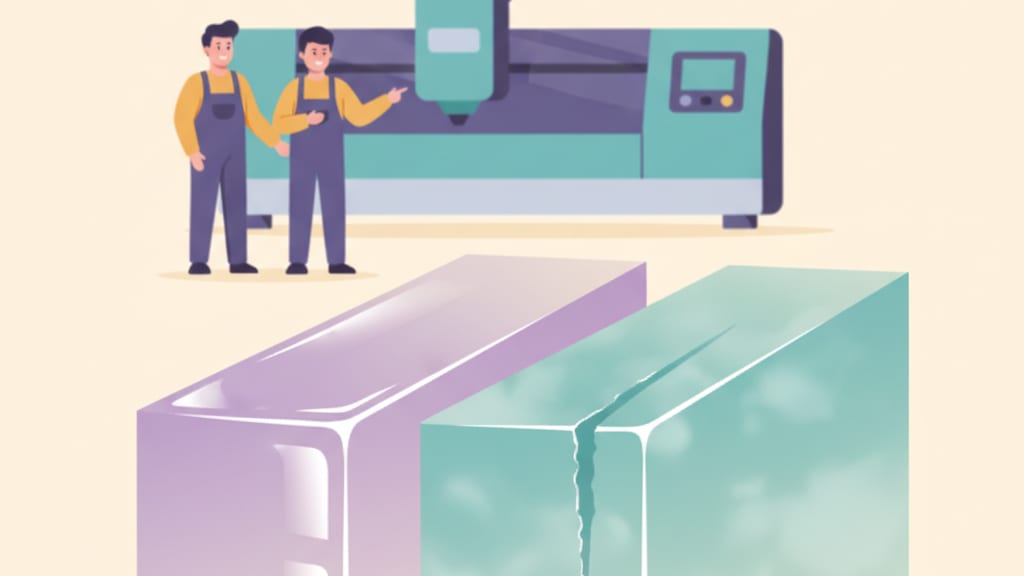 איור: מבט מקרוב על קצה אקריל חתוך, חלק מבריק משמאל וקצה מט וכפור מימין