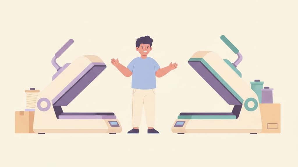 איור: מכבש קלמשל פתוח כקונכייה, ולצידו מכבש סווינג-אווי שהלוח שלו מסתובב הצידה